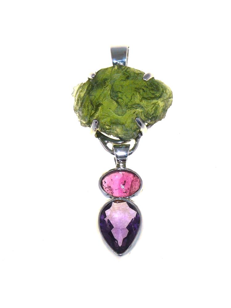 Moldavite, Tourmaline & Amethyst pendant AP114.JPG