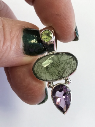 Moldavite, Peridot & Amethyst Pendant from Silver Gemstone Pendants